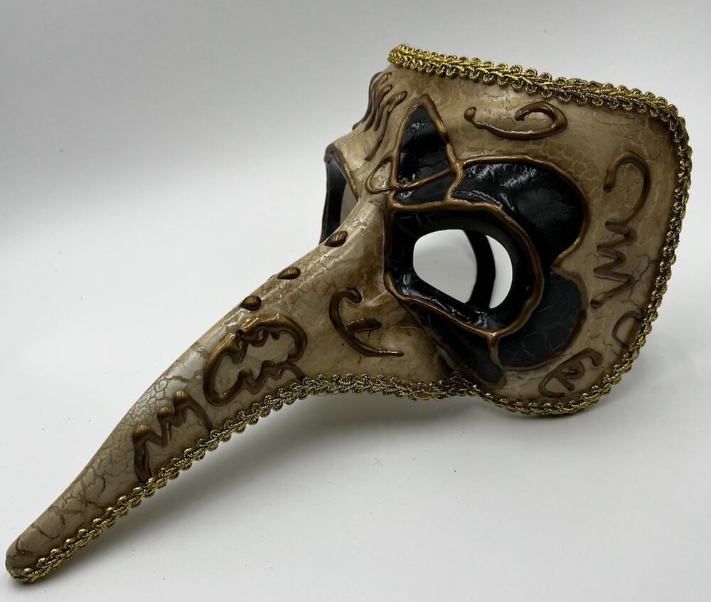 Venetian Plague Doctor Mask Long Nose Masquerade Black Gold Crackle Costume